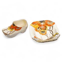 Clarice Cliff 'Rhodanthe' pattern clog and trinket dish, both with printed mark beneath, clog L11cm