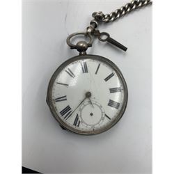 Early 20th century silver open face key wind pocket watch, Improved Patent English lever, case hallmarked Chester 1900, Victorian silver open face key wind pocket watch, Waltham Mass, 1,872112, hallmarked Birmingham 1880 with silver albert chain, gold plated half hunter keyless pocket watch, American Waltham Traveller, together with other pocket watches and fob watches