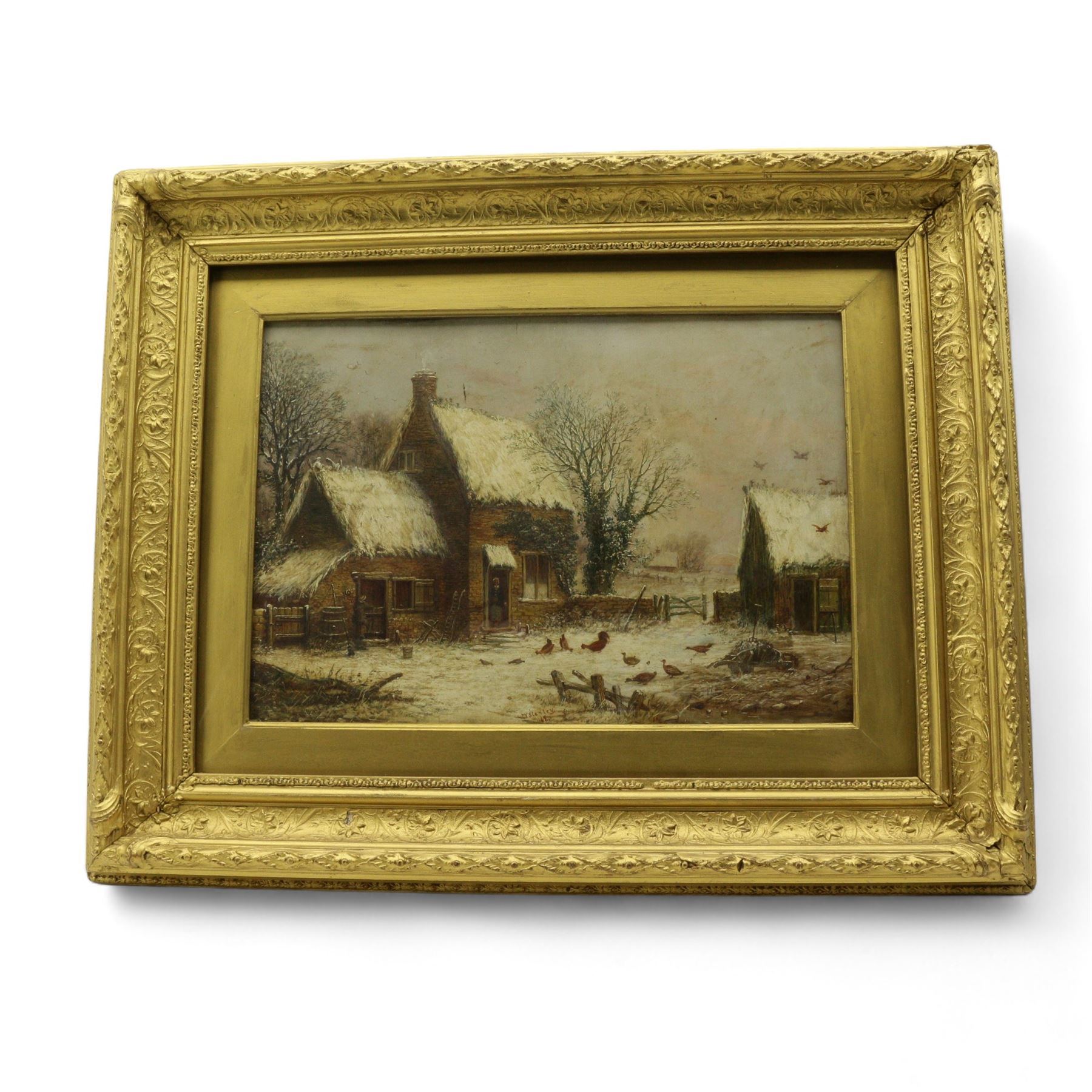 W Stanley (British 18th/19th Century): Chickens Feeding by a Cottage in Winter, oil on board signed 29cm x 41cm