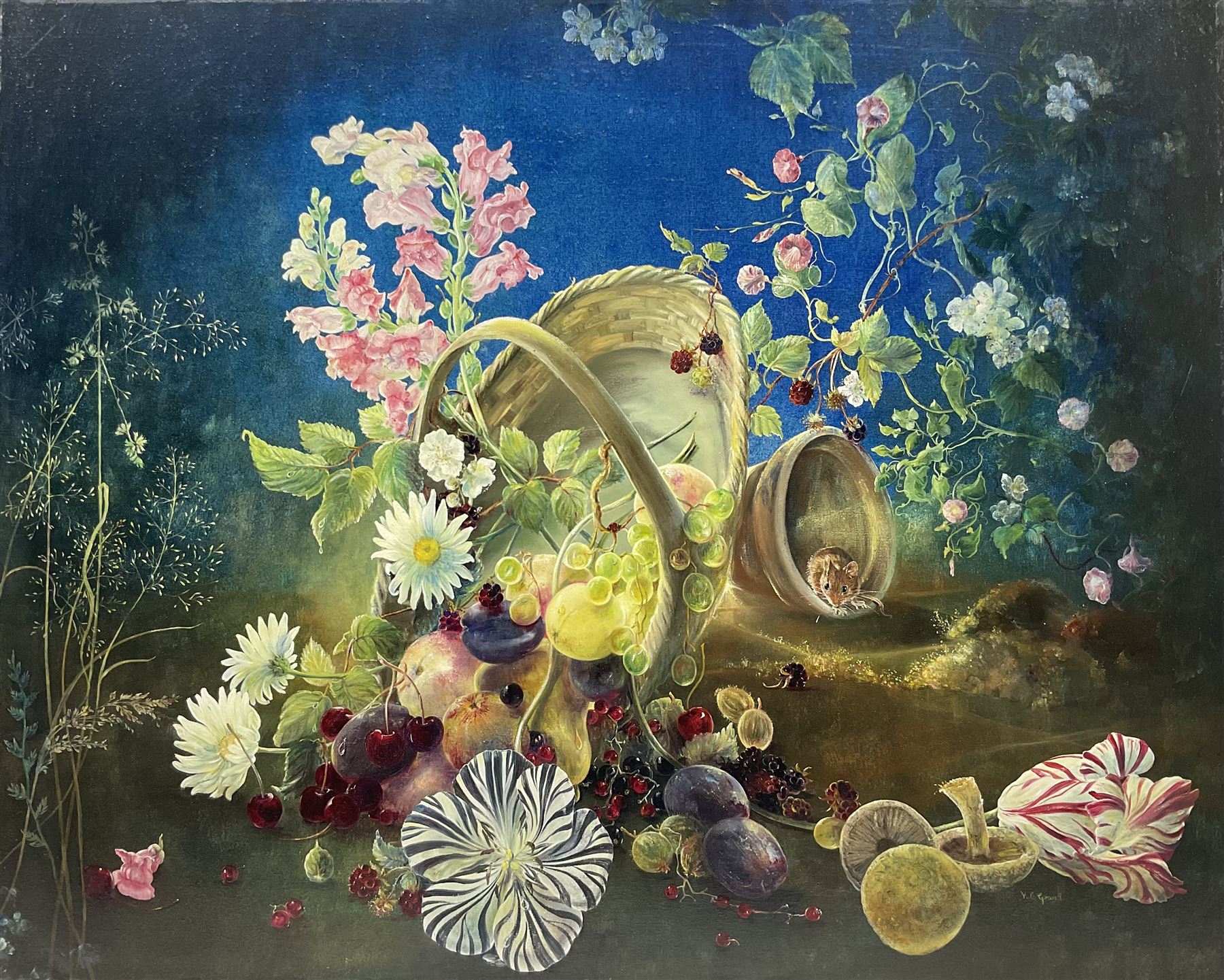 V Le Grand (Continental 20th century): Still Life of Mouse and Fruit, oil on canvas signed 60cm x 76cm (unframed)