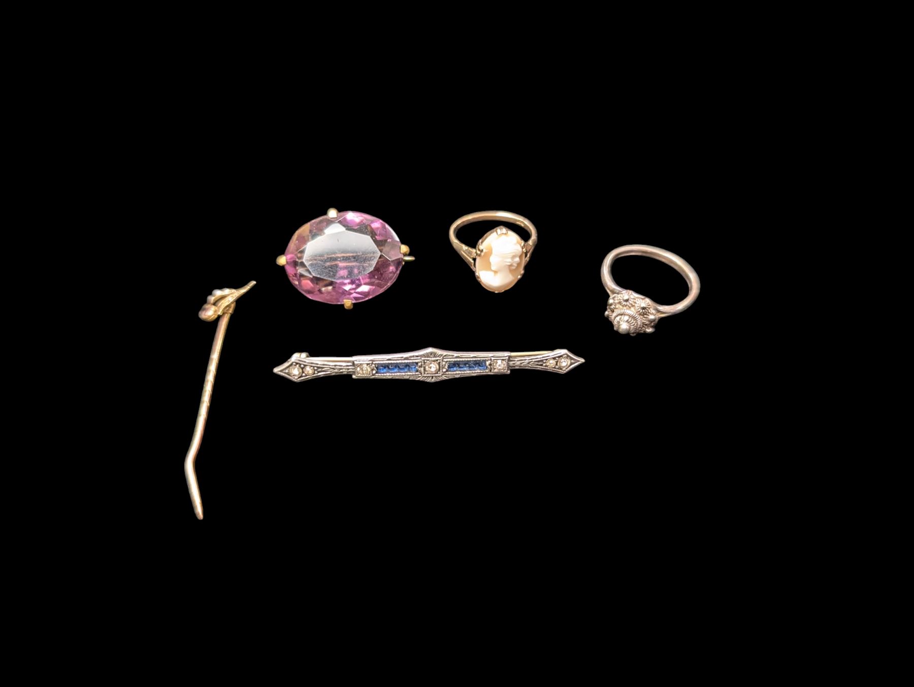 9ct gold cameo ring, silver paste set brooch, gold stone set stick pin. paste brooch and one other ring