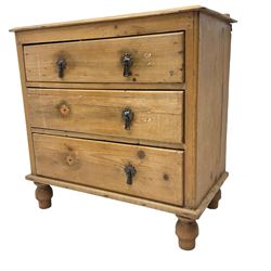 Victorian stripped pine chest, fitted with three drawers and raised on turned feet