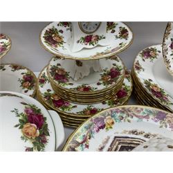 Royal Albert Old Country Roses pattern part tea and dinner service, including coffee pot, miniature teapot and stand, eight dinner plates, cake stand, sauce boat etc 