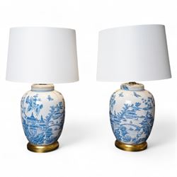 Pair of lamps of baluster form, decorated with a Japanese landscape on a white ground rais...