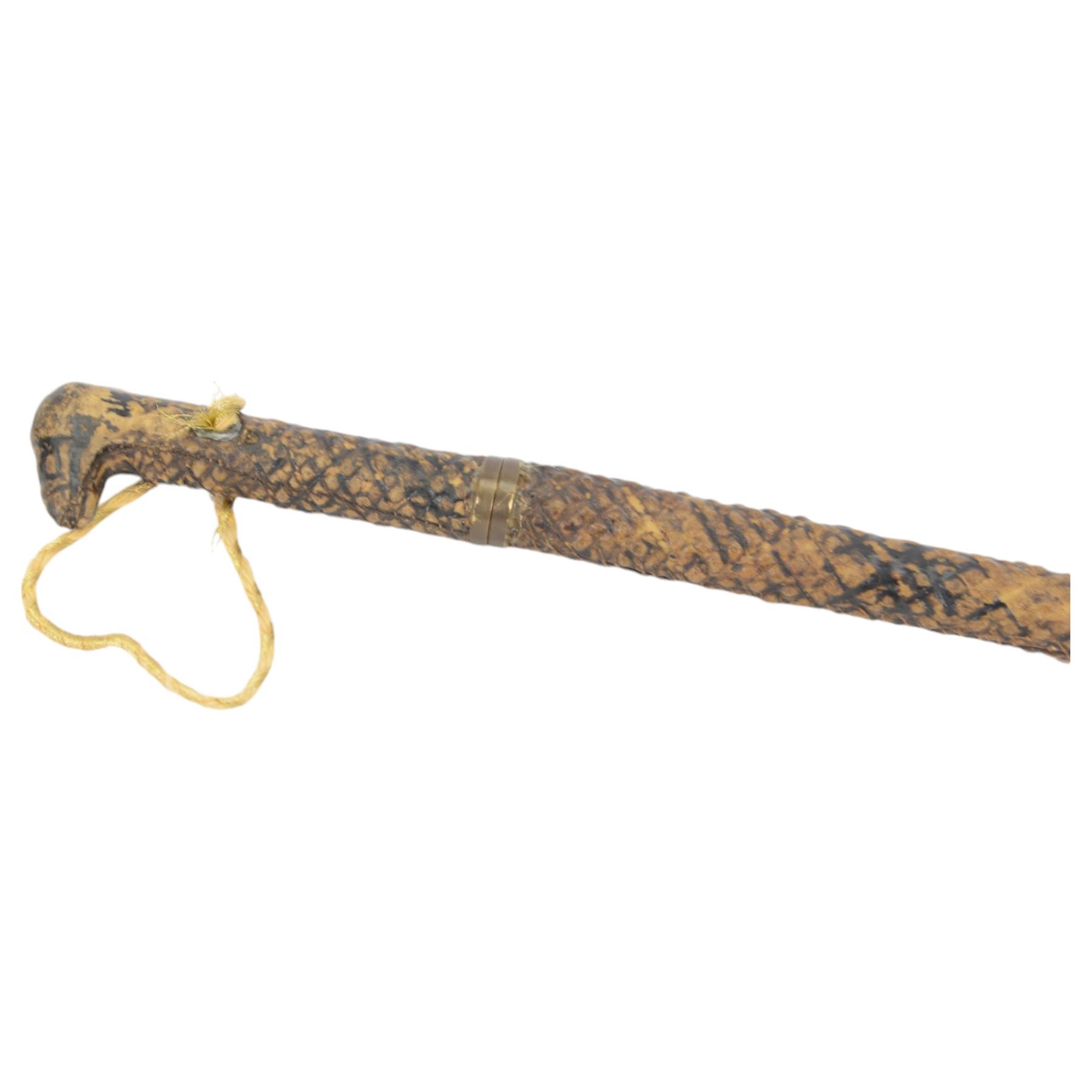 19th century snakeskin covered sword stick, the single edged blade with etched foliate decoration, blade L66cm, overall L91cm