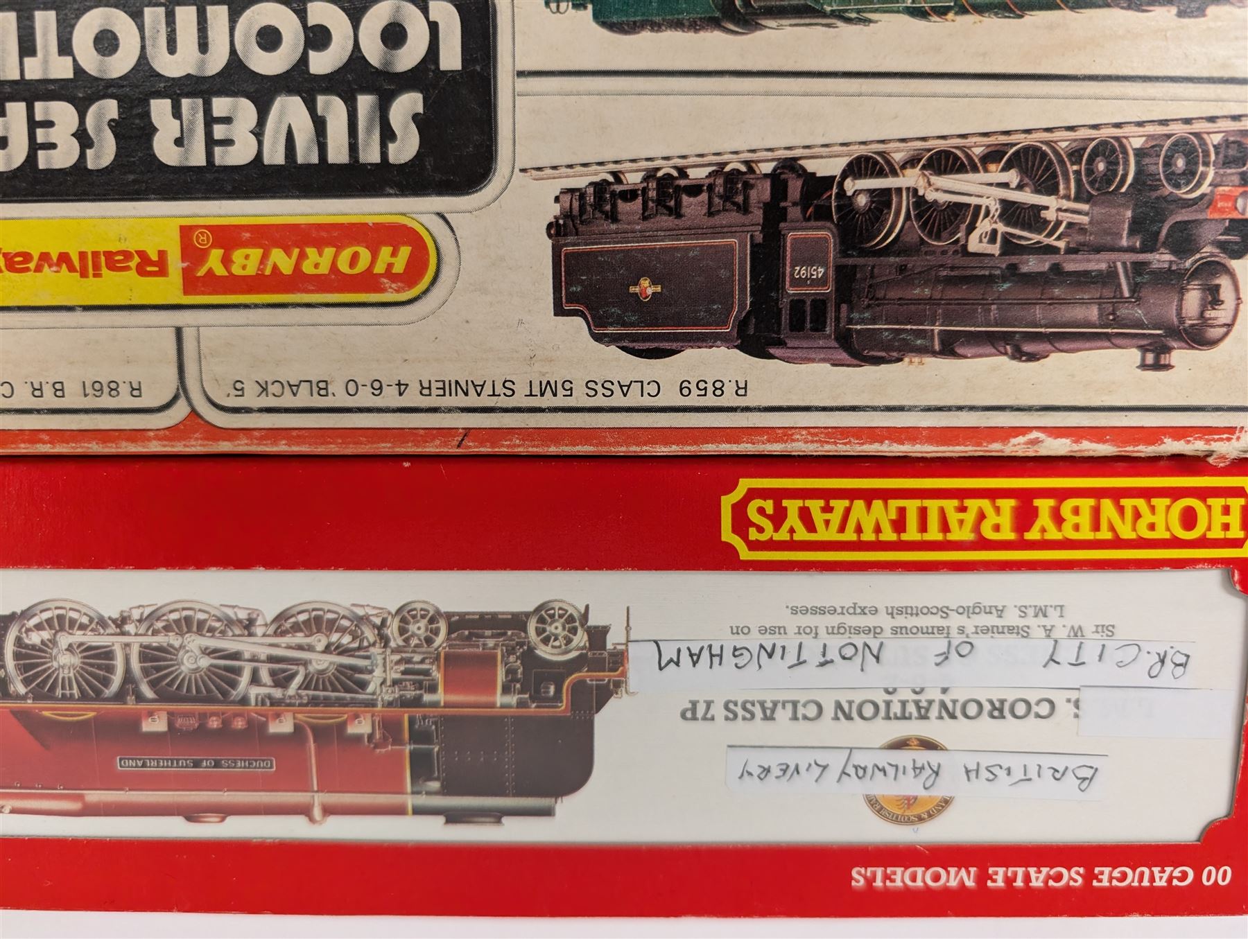 Four Hornby '00' gauge locomotives, comprising R859 BR Black Five Class 4-6-0 locomotive no. 45076, R262 BR Coronation Class 4-6-2 locomotive reworked as no. 46230 Duchess of Buccleuch, R066 Coronation Class 7P 4-6-2 reworked as BR City of Nottingham no. 46251 and R350 BR Class A4 4-6-2 locomotive reworked as Kingfisher no. 60024, all boxed 