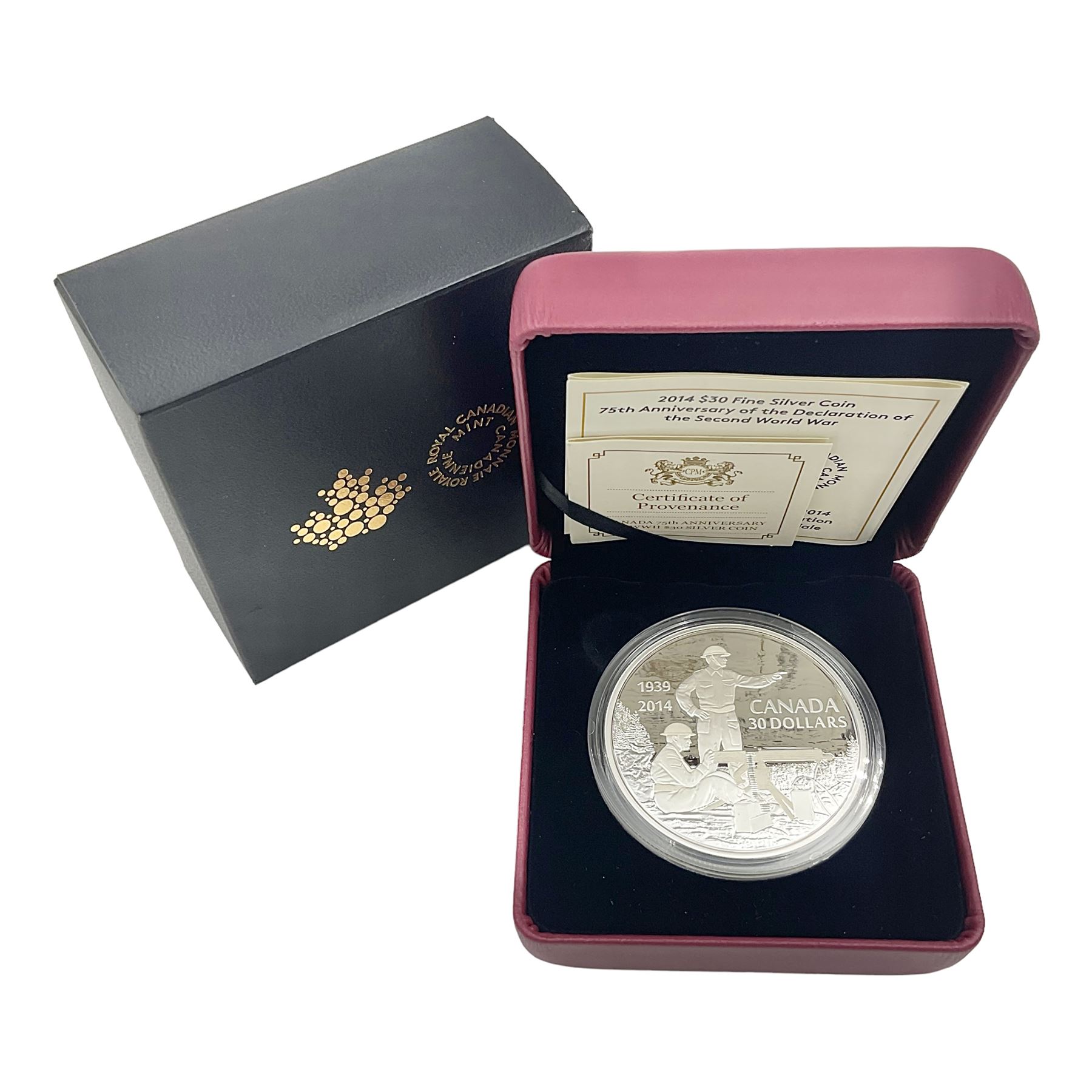 Royal Canadian Mint 2014 '75th Anniversary of the Declaration of the Second World War' fine silver thirty dollar coin, cased with certificate