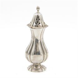 Late 20th century silver sugar caster, of oval baluster form, with fluted body and pierced...