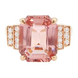 18ct rose gold pink tourmaline and diamond ring, emerald cut tourmaline of 5.21 carat, wit...