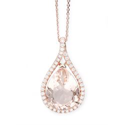 18ct rose gold pear cut morganite and round brilliant cut diamond cluster pendant, hallmarked, on 18ct rose gold chain necklace, morganite 7.15 carat, total diamond weight 0.42 carat