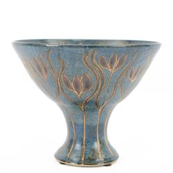 John Egerton (c1945-): studio pottery stoneware pedestal dish, decorated with tulips upon ...