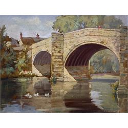 Byron Winston Warmby (Sheffield 1902-1978): 'Baslow Bridge - Derbyshire', oil on board signed, titled verso 34cm x 44cm
Provenance: private collection, purchased Phillips Leeds 19th November 1998 Lot 599; with Hibbert Brothers, Norfolk St., Sheffield, labels verso