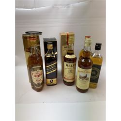 Six bottles of blended Scotch whisky, including Grants, Johnnie Walker Black Label, Highland Whisky etc, various contents and proof  