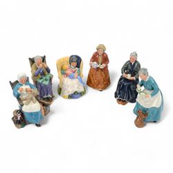 Six Royal Doulton figures including Teatime HN2255, A Stitch in Time HN2352, The Cup of Te...