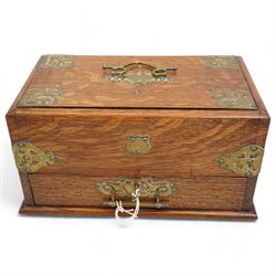 Victorian brass bound oak smokers box, sliding top and single drawer with brass swing handle and vacant plaque, L32cm x H16.5cm