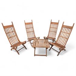 Set of four mid-20th century high-back teak garden chairs, high horned back with vertical ...