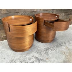 Pair of walnut circular barrel shaped lamp tables, fitted with single drawer