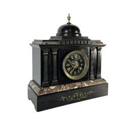 J.W. Benson of London -  8-day Belgium slate mantle clock c1880, stepped top with a central dome and brass finial, break front case with reeded columns and capitals, on a broad plinth with variegated marble and incised gilt decoration, conforming slate dial with contrasting gilt Roman numerals and brass hands, twin train striking movement, striking the hours and half-hours on a bell. With pendulum.