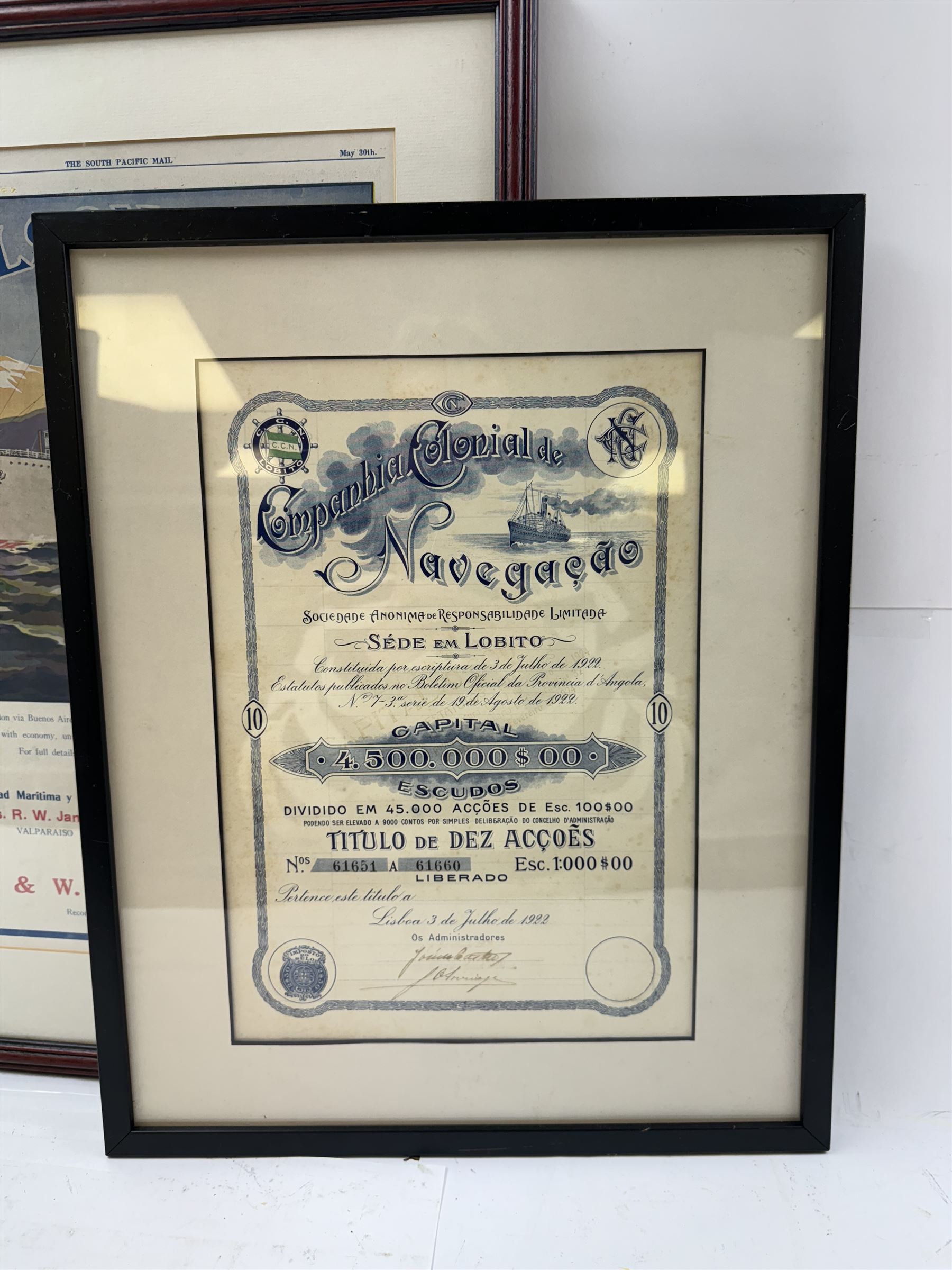 Nelson Line, 'Highland Monarch' advertising poster, together with a 1920s share certificate for Companhia Colonial de Navegacoa, both framed, tallest H47cm