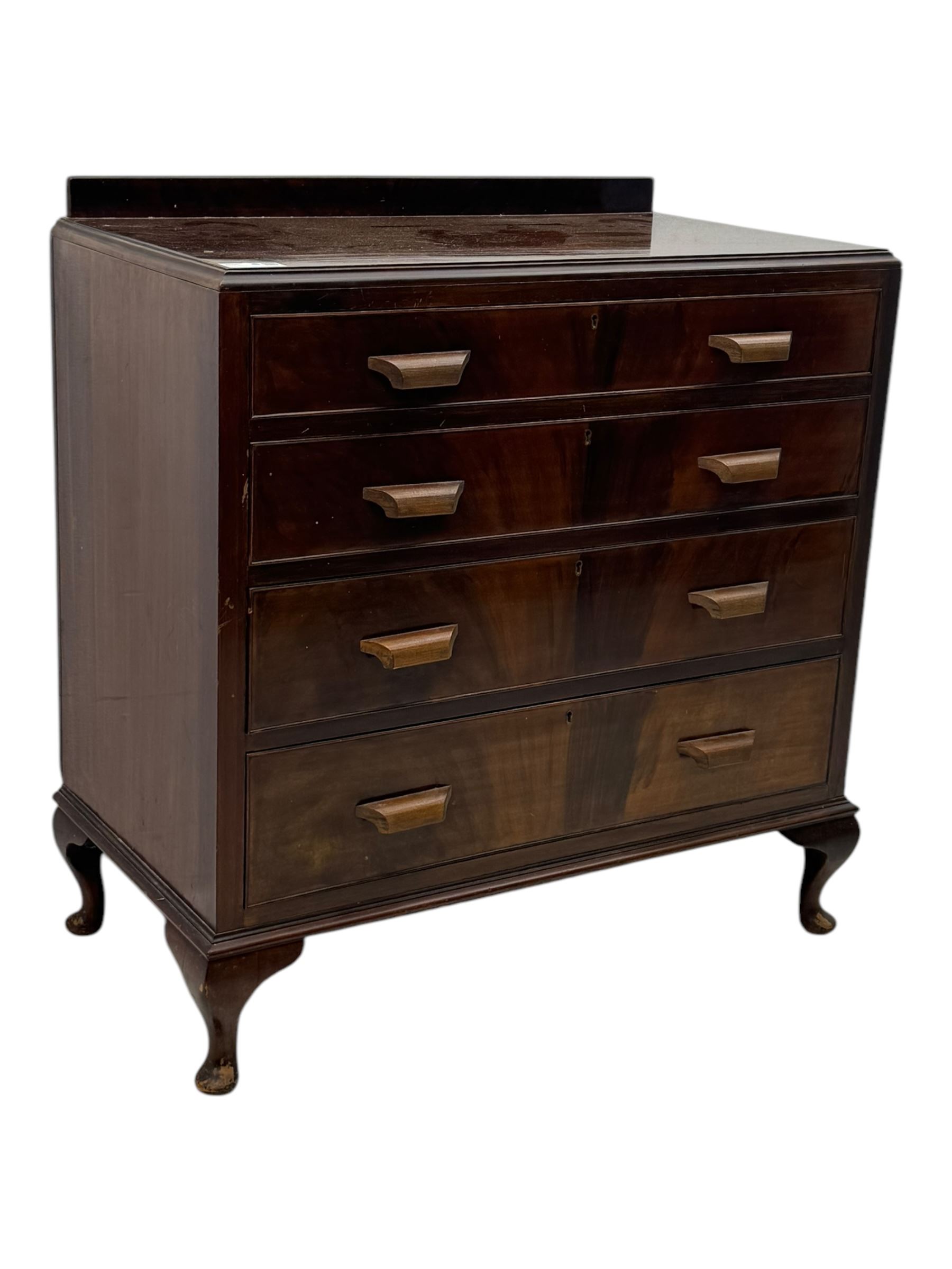 Early 20th century walnut chest, fitted with four long drawers, on cabriole feet 