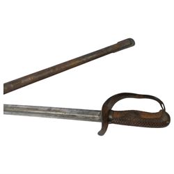 Japanese cavalry sword, curved single edge blade, with steel guard and chequered wood grip handle, in steel scabbard, L94cm