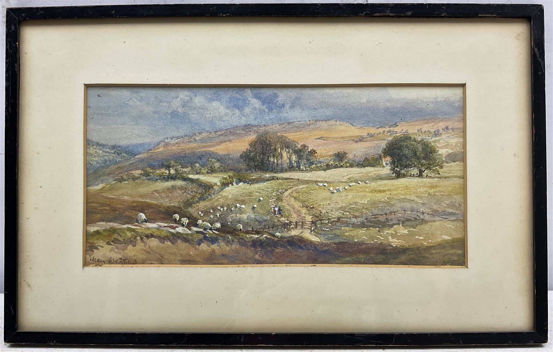 Mary Weatherill (British 1834-1913): Sheep Grazing in the Esk Valley, watercolour signed 13cm x 28cm