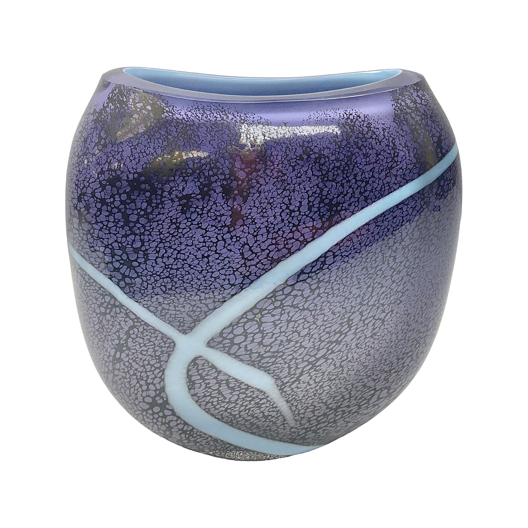 Stuart Akroyd glass vase, with blue ribbon decoration upon a mottled purple ground, engraved signature and sticker beneath, H25.5cm