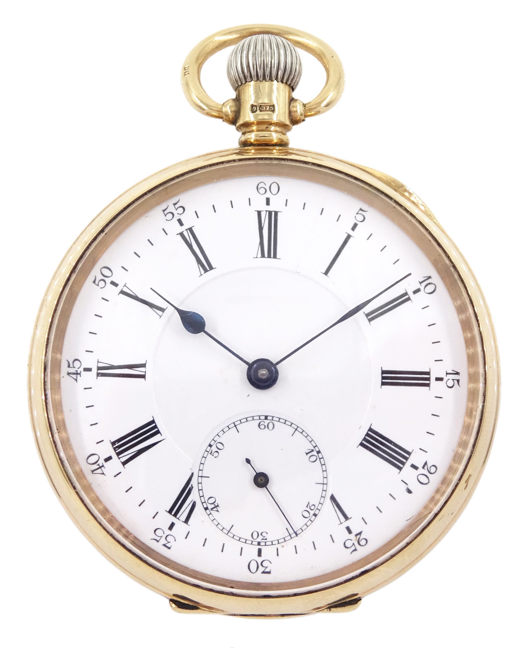 Early 20th century 9ct gold open face crown wind lever pocket watch, white enamel dial with Roman numerals, outer Arabic minute ring and subsidiary seconds dial, case by Dennison, Birmingham 1918