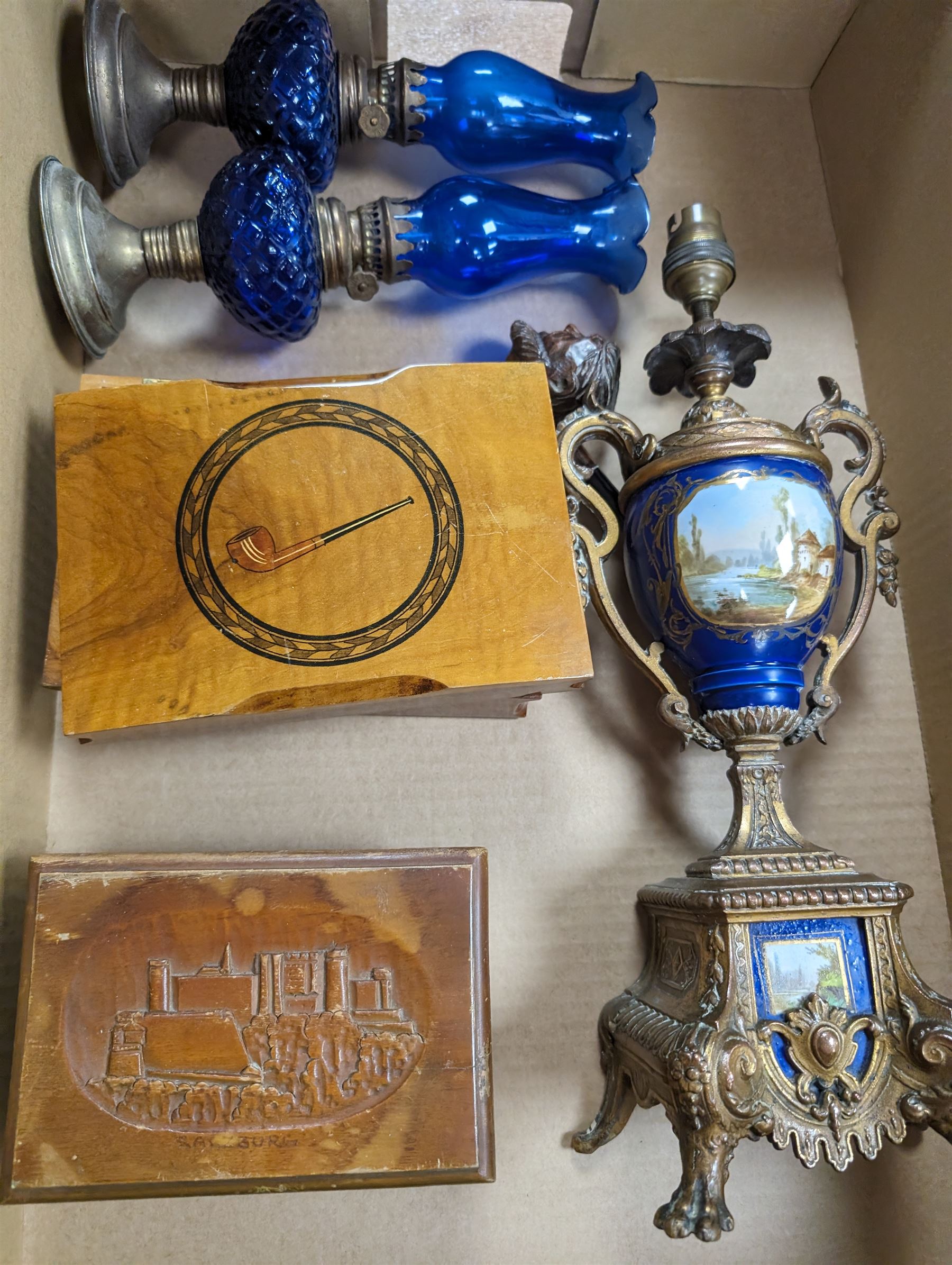 Two wooden dressing table mirrors, large wooden box, smaller wooden boxes and a carved pipe, together with pair of blue glass oil lamps and one other lamp