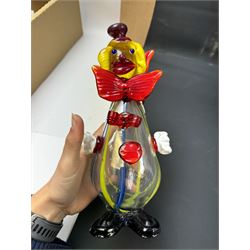 Two Murano glass clowns, together with similar glass figures, including cockerels and fish