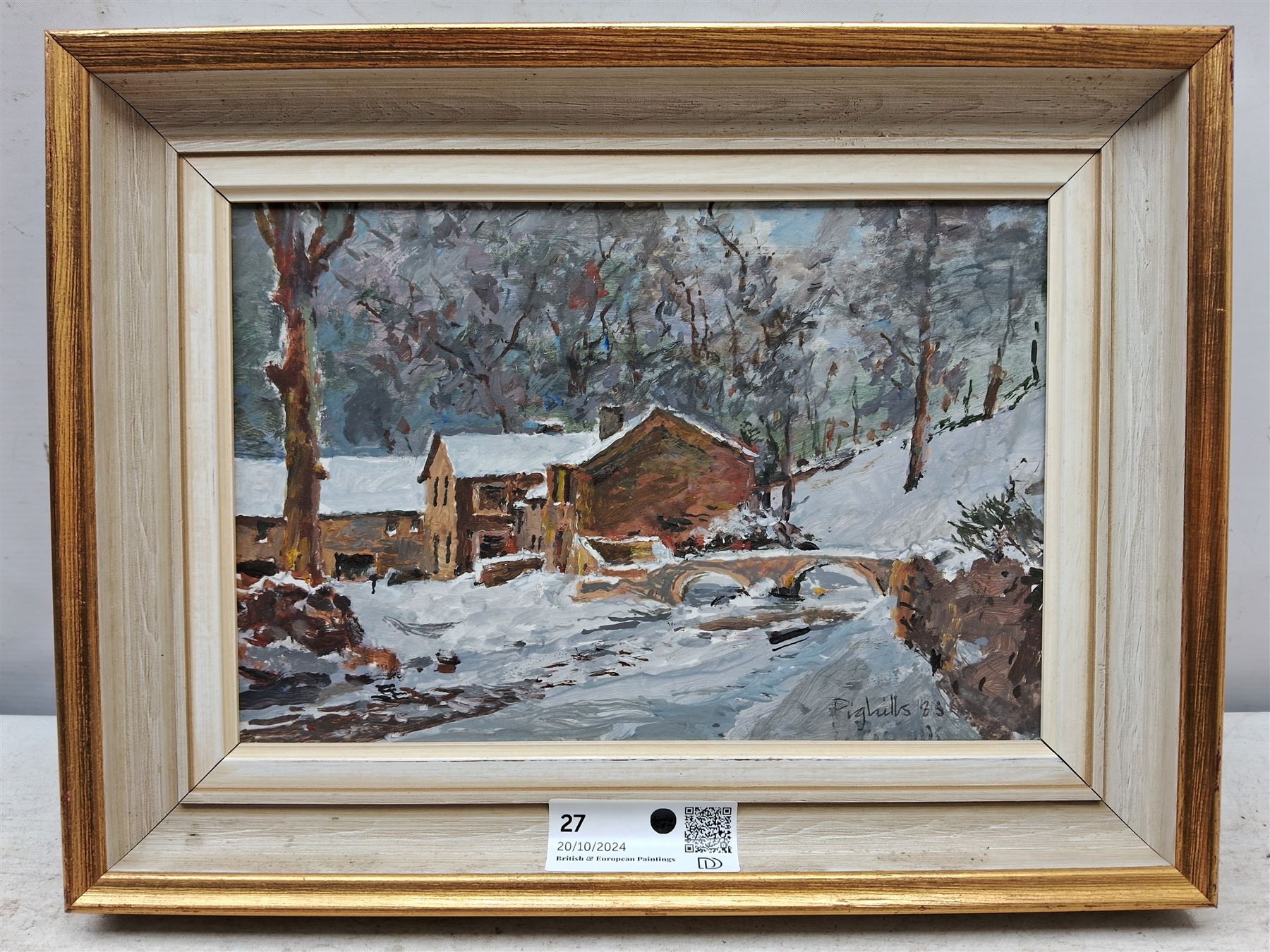 Joseph Pighills (British 1902-1984): 'Wycoller', oil on board signed and dated '83, titled verso 18cm x 27cm