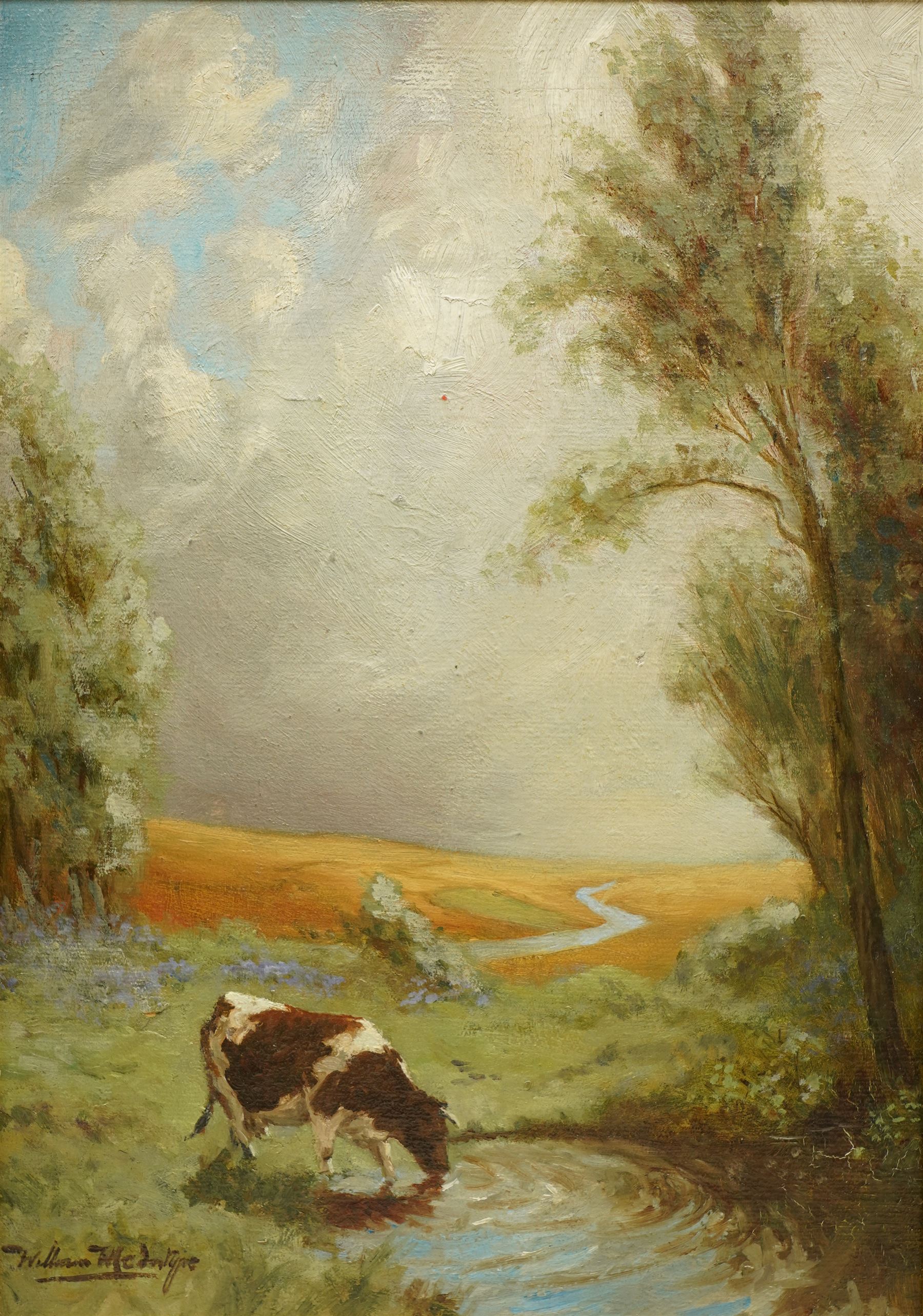 William McIntyre (Scottish Early 20th century): Cow Watering from a Country Pool, oil on board signed 39cm x 27cm