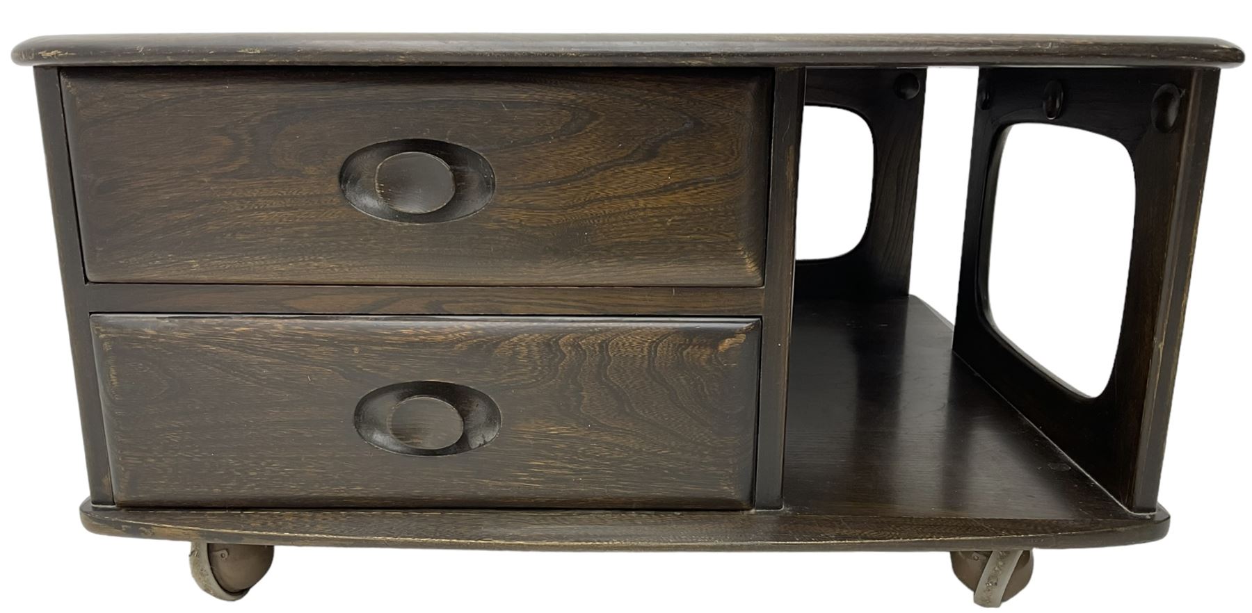 Lucian Ercolani for Ercol - dark elm 'Pandora's Box' coffee table, square top with rounded corners over two drawers with sculpted recessed pulls, open sides supporting undertier, on castors 