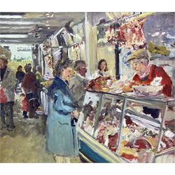 Catherine Tyler (British 1949-): 'Brighton Market Butcher', oil on board signed and dated '94, titled verso 41cm x 48cm