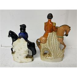 Staffordshire figure of the Duke of Wellington on a bay horse, H30cm in red uniform, together with a similar Staffordshire figure of Dick Turpin, pair of Staffordshire style dogs, H27cm, three Meissen style double salts and two trinket boxes 