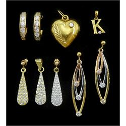 Four 9ct gold paste stone set pendant stud earrings, two 9ct gold pendants and an 18ct gold heart pendant