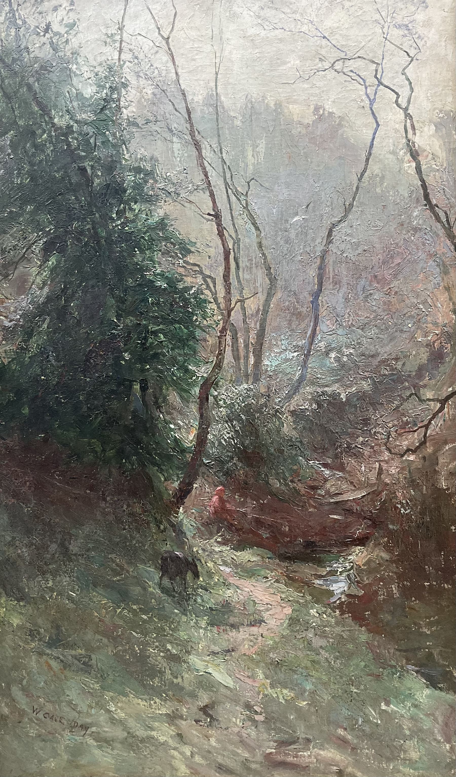 William Cave Day (British 1862-1924): Fisherman by a Woodland Stream, oil on canvas signed 75cm x 45cm