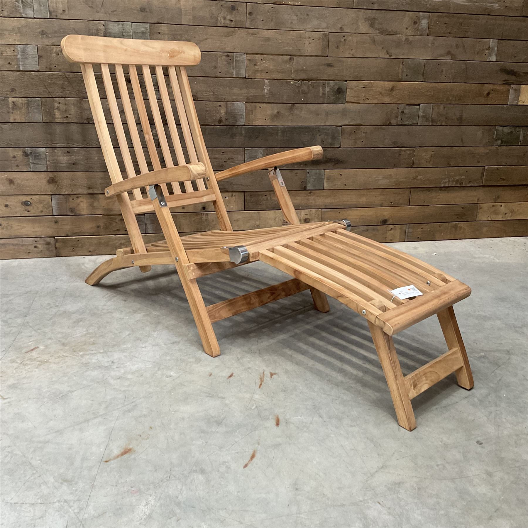 Pair of solid teak adjustable garden steamer armchairs, stainless brackets, with cushions