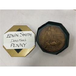 WWI bronze death plaque to Edwin Smith, together with two tankards presented to E.Smith and photographs of his family  