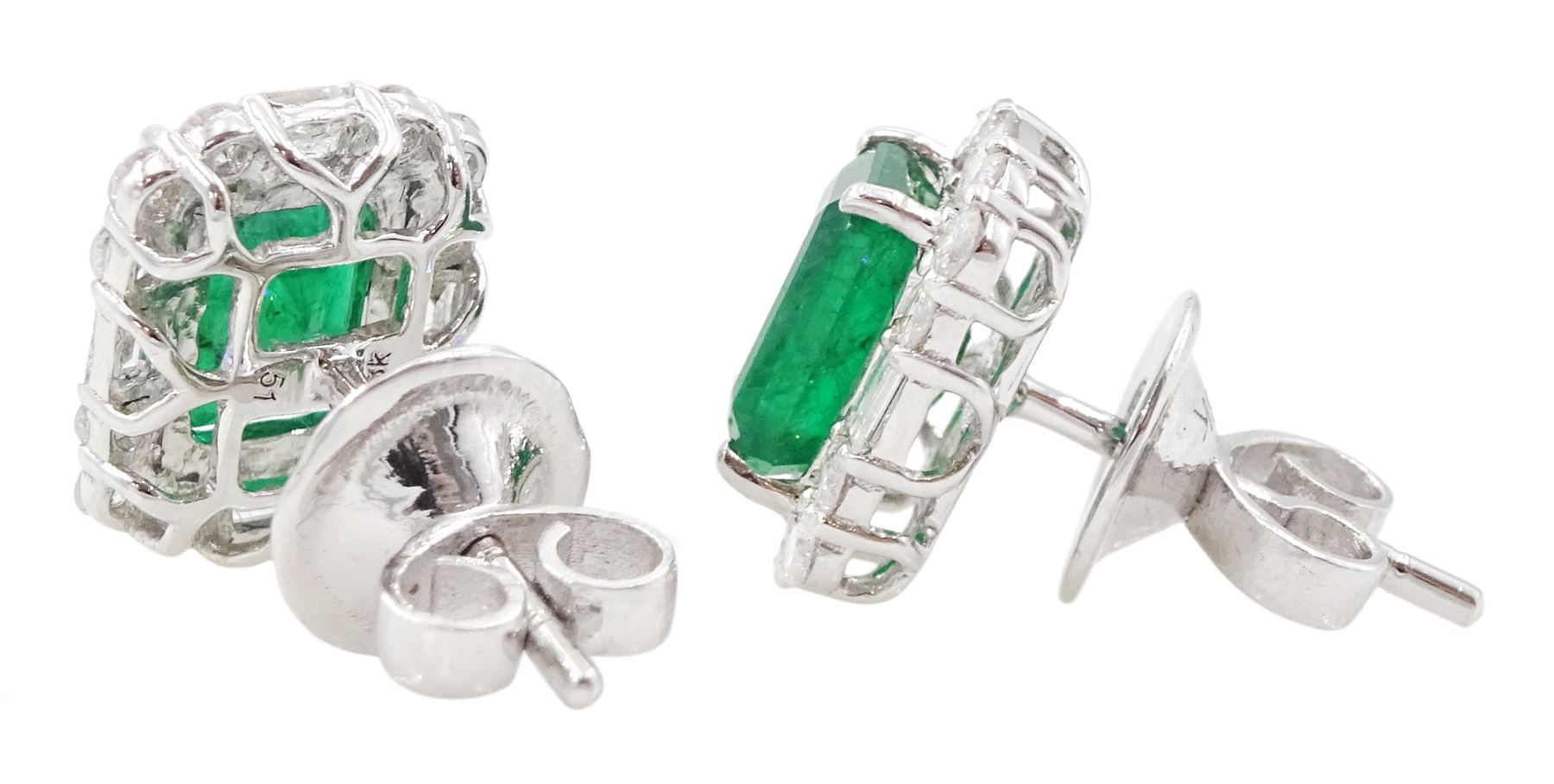 Pair of 18ct white gold emerald cut emerald, round brilliant and baguette cut diamond stud earrings, total emerald weight approx 2.25 carat, total diamond weight approx 0.70 carat