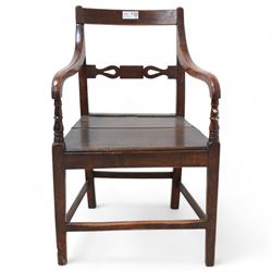 George III elm elbow chair, shaped pierced centre rail, two plank solid seat, raised on square supports with inner chamfer united by stretchers