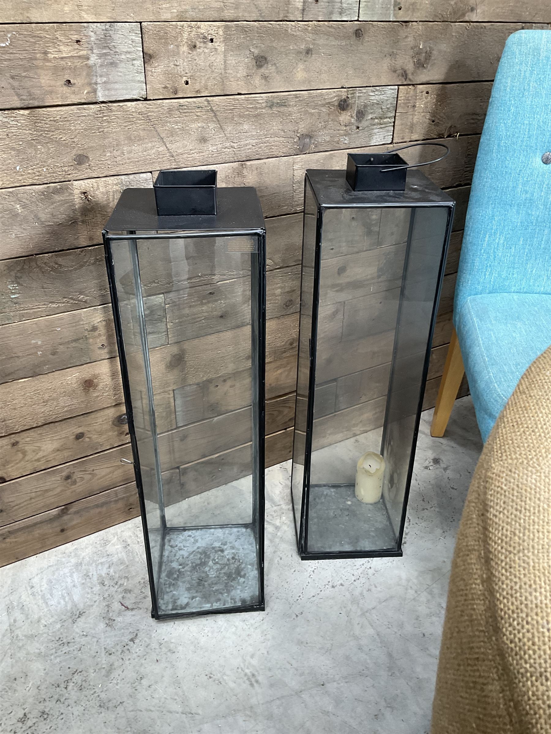 Two metal lanterns, three hessian tub shaped chairs, two blue chairs, two a French chairs, upholstered armchairs, two X framed stools, wall mirror, three drawer chest (14)