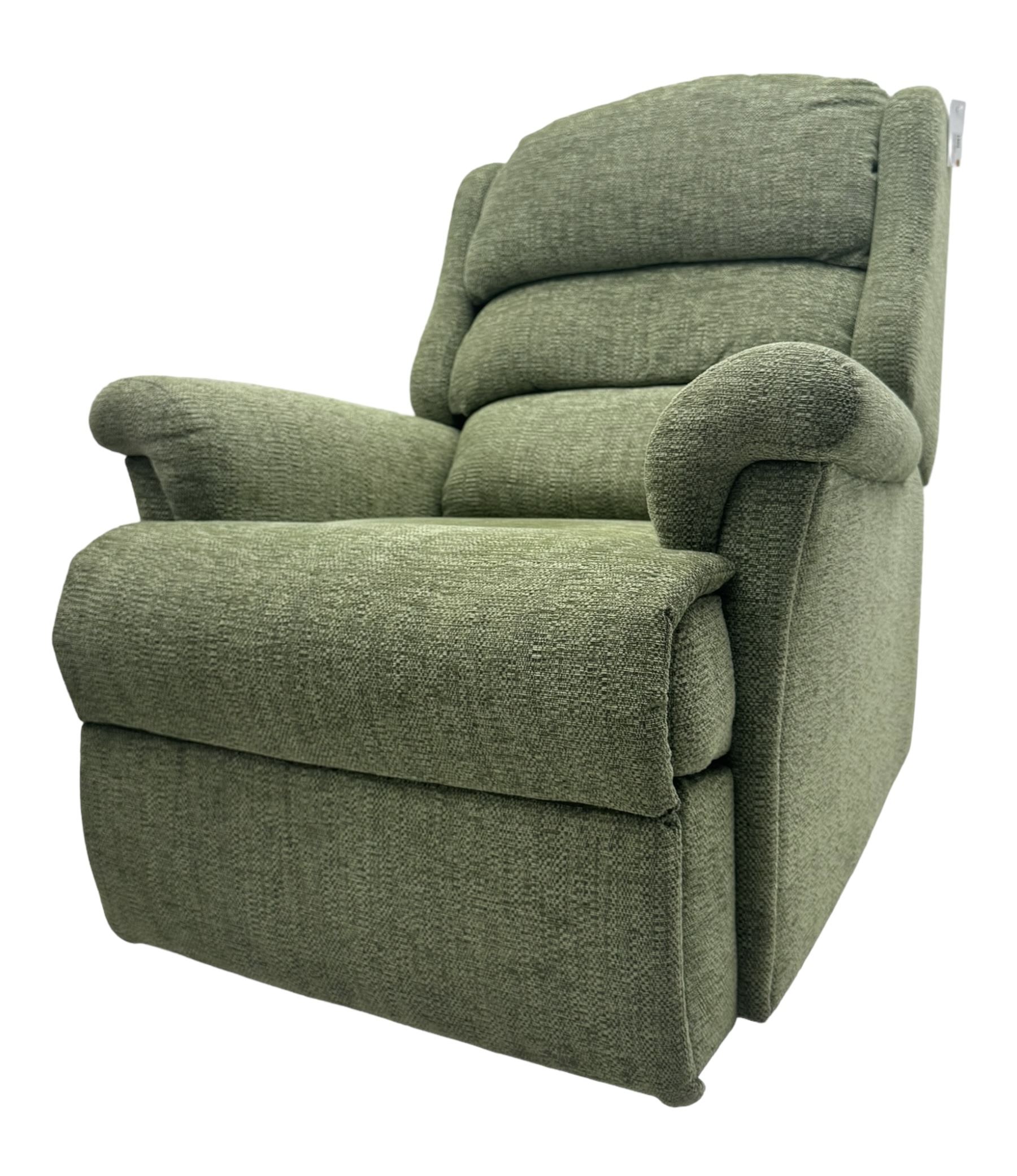 Sherborne 'Albany' dual motor electric rise and recliner armchair, in Adriatic Mint (Aquaclean) fabric, high-back with segmented cushioning, padded armrests and a built in footrest, on metal frame