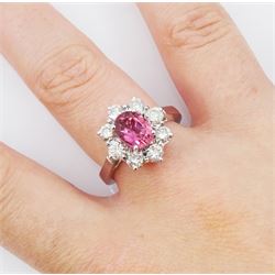 18ct white gold oval pink tourmaline and round brilliant cut diamond cluster ring, hallmarked, tourmaline approx 2.50 carat, total diamond weight approx 0.40 carat