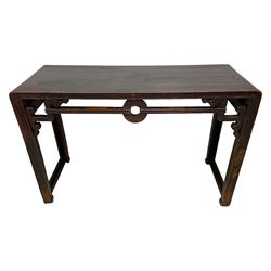 19th century Chinese lacquered hardwood altar table, rectangular top with moulded edge, the pierced and carved frieze decorated with Chinese scroll symbols and a central circular roundel motif with raised scrolling carvings, on rectangular end supports