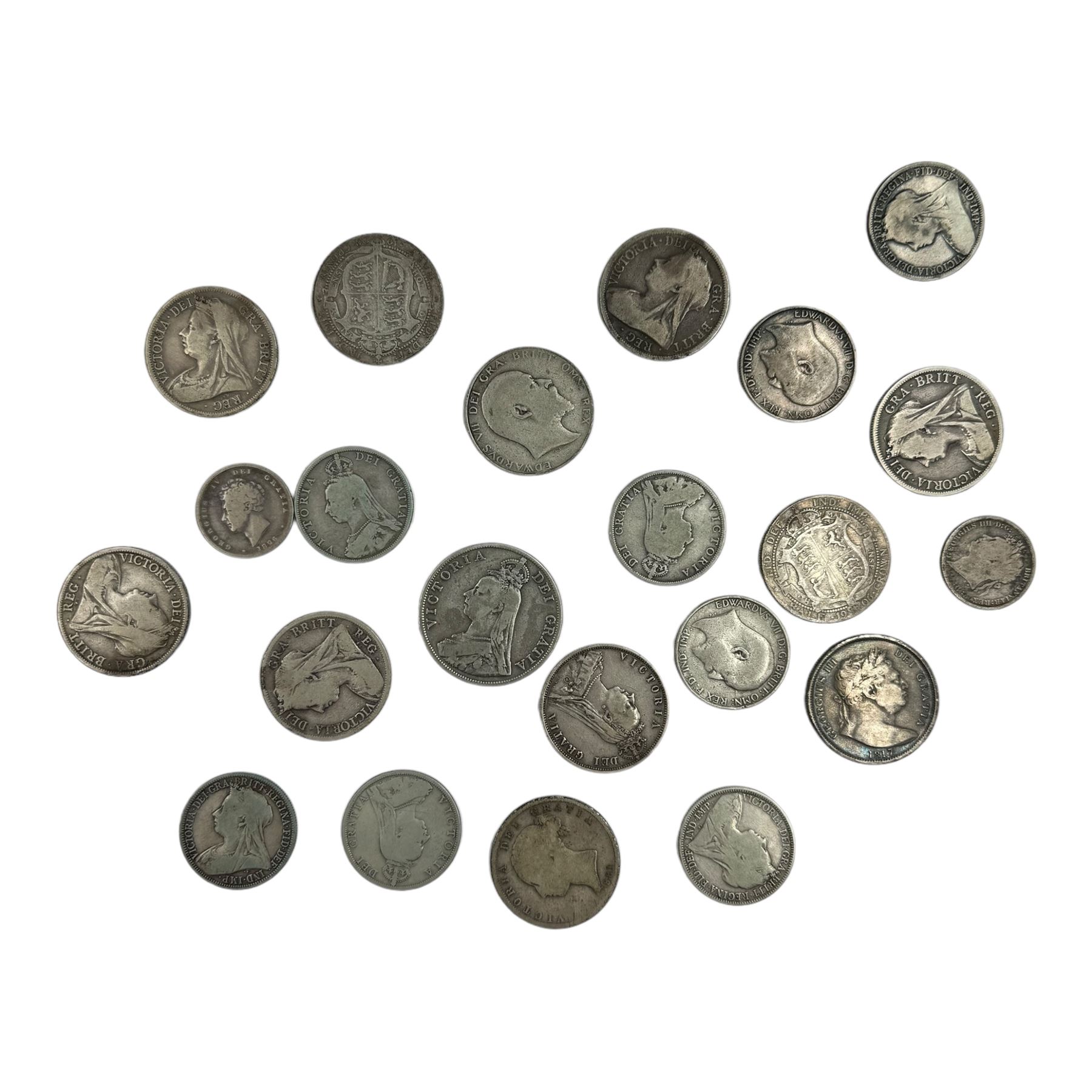 Approximately 270 grams of Great British pre 1920 silver coins, including George III 1817 halfcrown, Queen Victoria 1890 double florin, King Edward VII 1907 standing Britannia florin etc