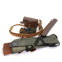 Brown leather cartridge bag on a canvas strap, together with Parker-Hale gun cleaning kit, leather cartridge case and other gun related items