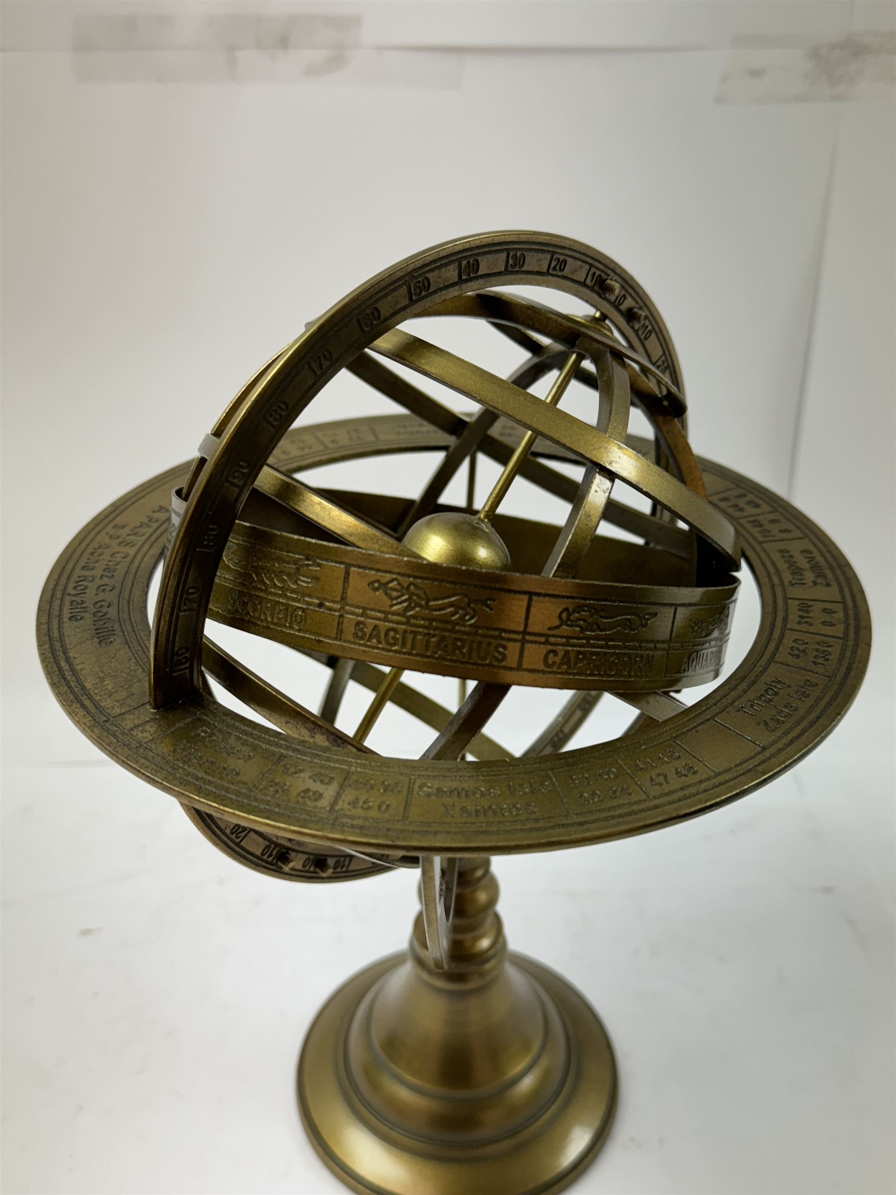 Brass table top globe armillary sphere, H26cm