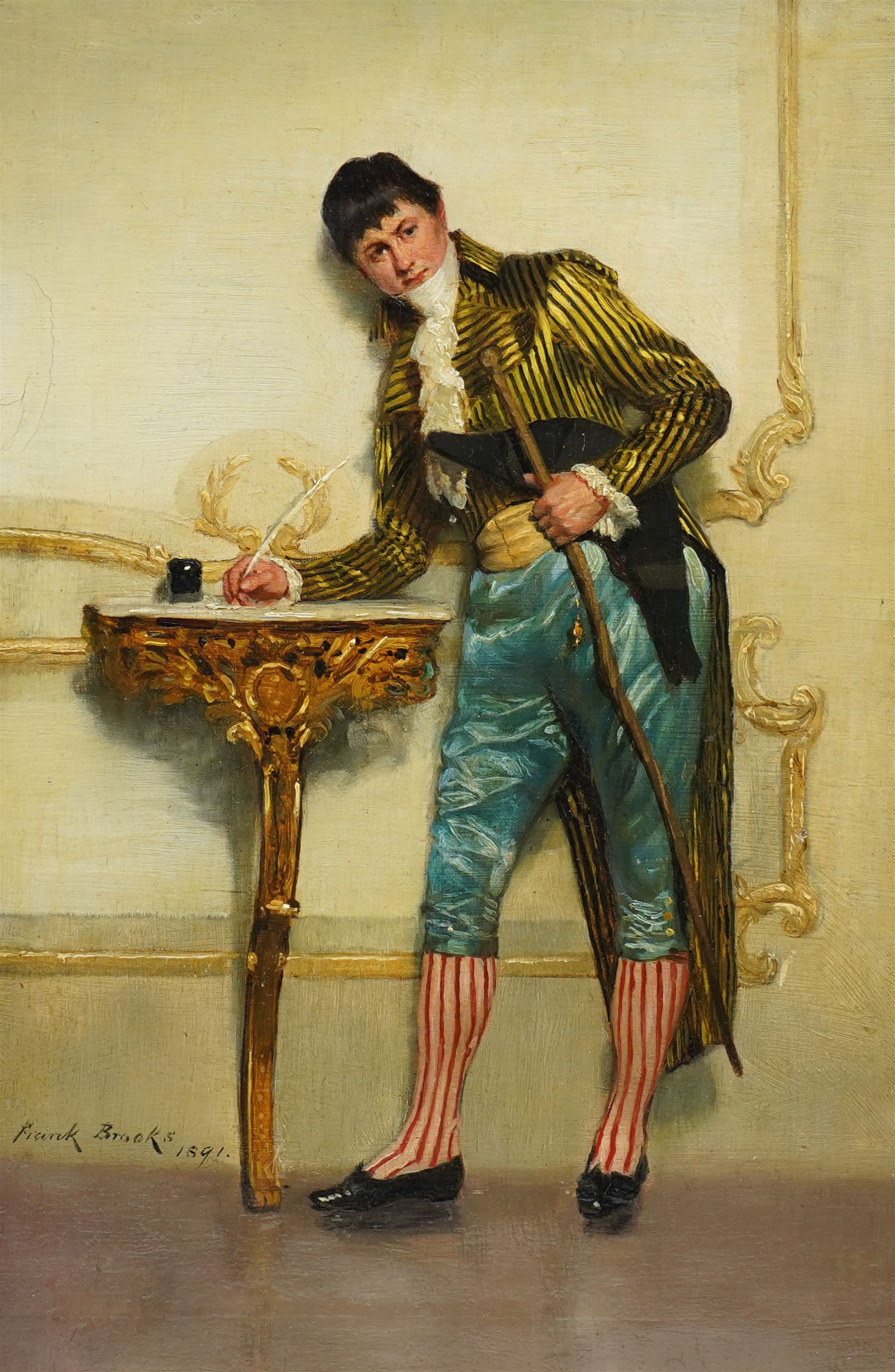 Frank Brooks (British 1854-1937): The Young Dandy, oil on mahogany panel signed and dated 1891, 27cm x 18cm