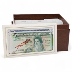 The Franklin Mint 'Specimen Banknotes From Around The World' comprising Gibraltar, Chana, Ireland, Jersey, Tonga, Swaziland,  Mauritius, Bahrain, Dominican Republic, Malta, Philippines, Sierra Leone, Paraguay, Botswana and Solomon Islands, each with certificate of authenticity